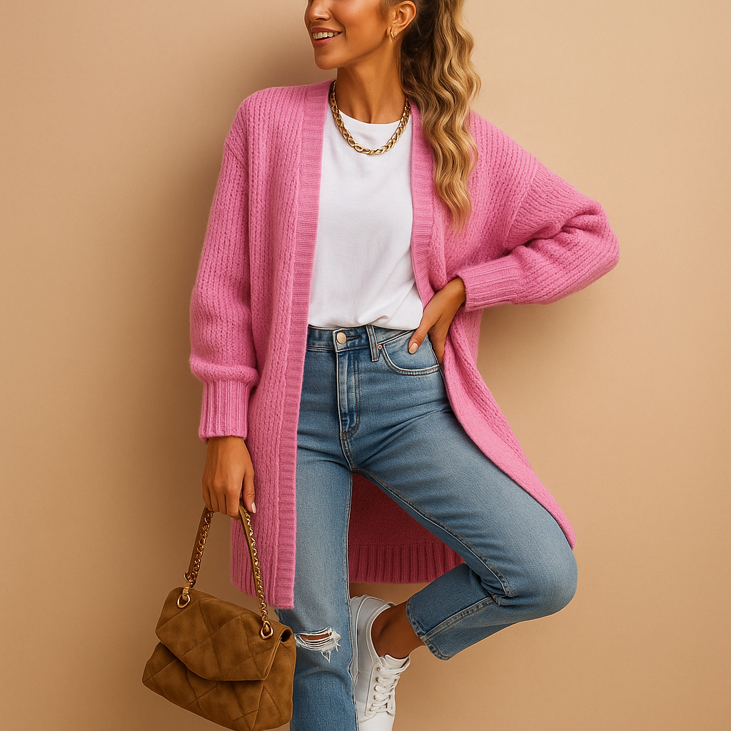 Women's classic knitted cardigan with a relaxed fit and open front, perfect for layering, casual wear, or cozy winter evenings.