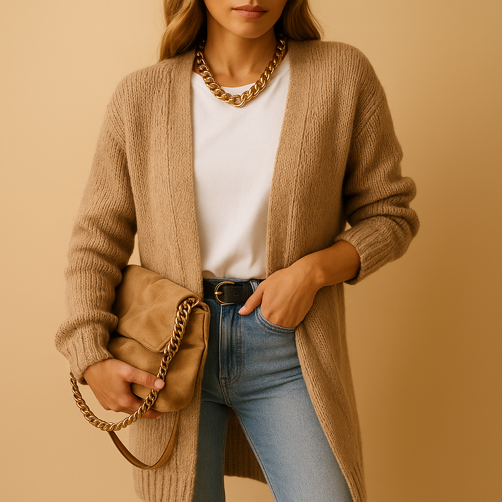 Women's classic knitted cardigan with a relaxed fit and open front, perfect for layering, casual wear, or cozy winter evenings.
