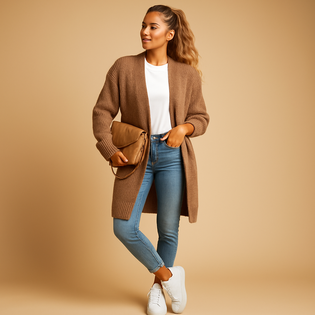 Women's classic knitted cardigan with a relaxed fit and open front, perfect for layering, casual wear, or cozy winter evenings.