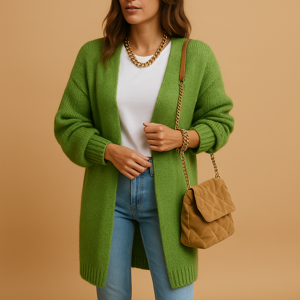 Women's classic knitted cardigan with a relaxed fit and open front, perfect for layering, casual wear, or cozy winter evenings.