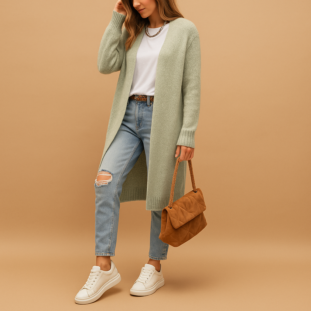 Women's classic knitted cardigan with a relaxed fit and open front, perfect for layering, casual wear, or cozy winter evenings.