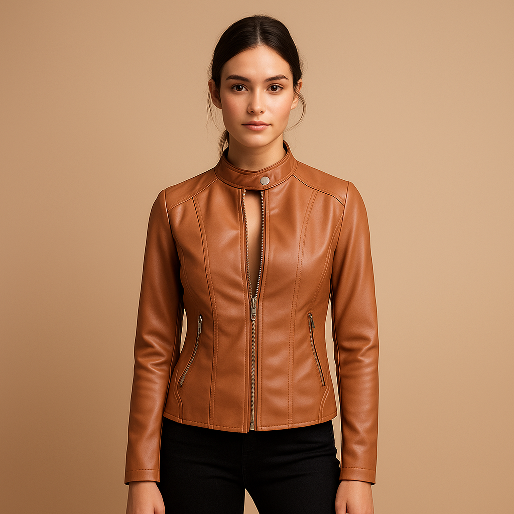 Women’s faux leather biker jacket with symmetrical zipper, snap-button collar, and silver details for casual or elegant outfits.