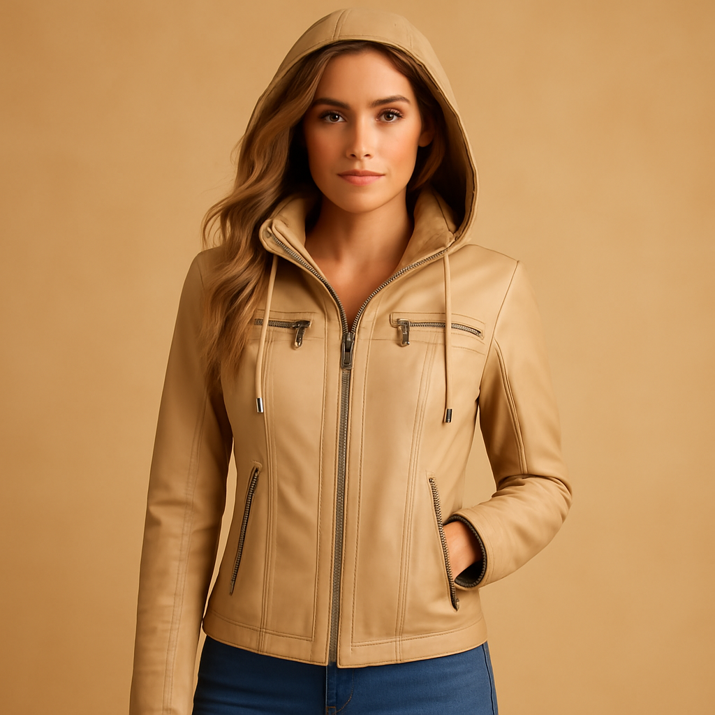 Women’s leather biker jacket in premium genuine leather with tailored fit, versatile design, and timeless style for casual or formal wear.
