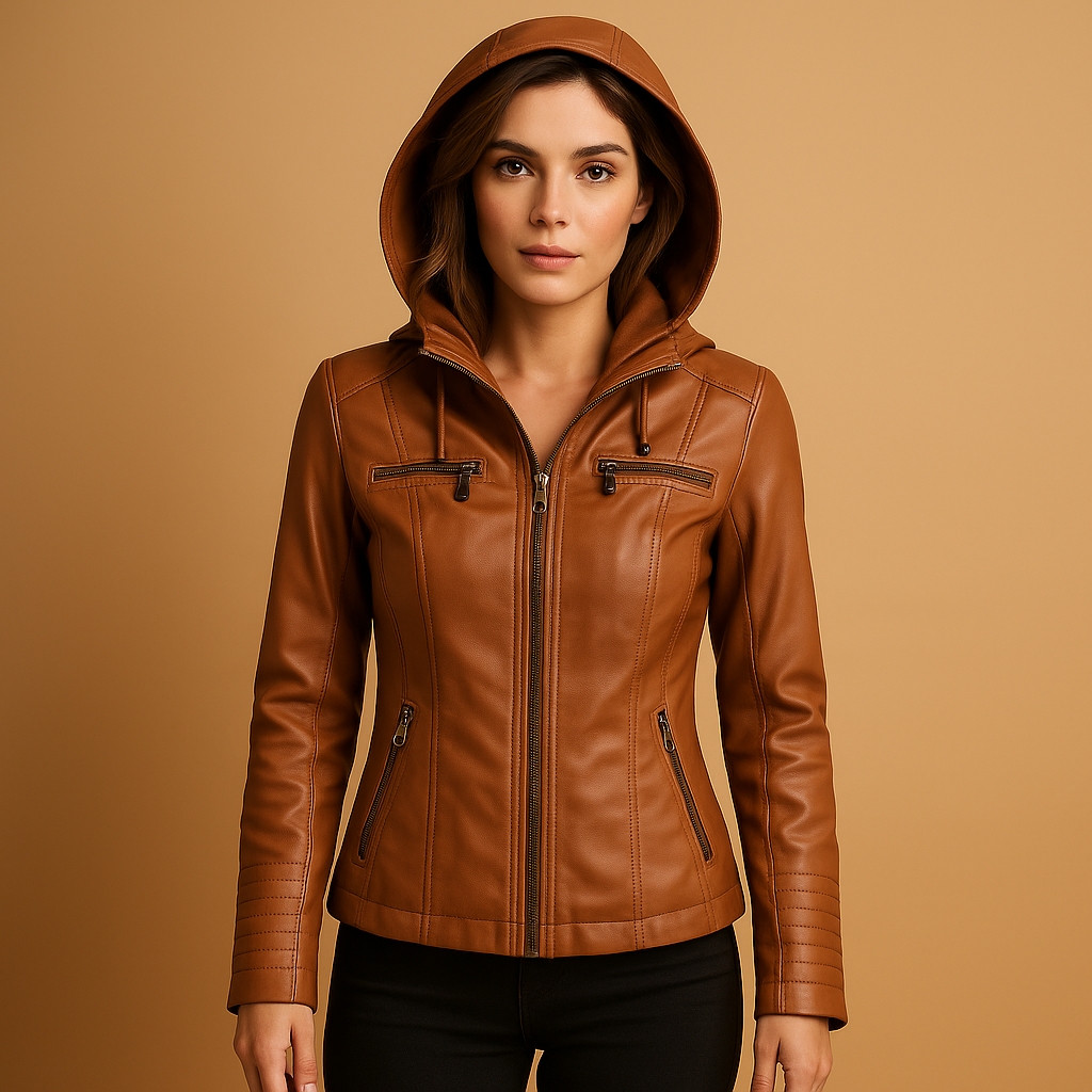 Women’s leather biker jacket in premium genuine leather with tailored fit, versatile design, and timeless style for casual or formal wear.