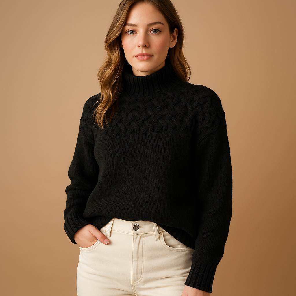 Women's long knitted turtleneck sweater with a soft, warm fit, ideal for casual wear or dressy winter outfits.