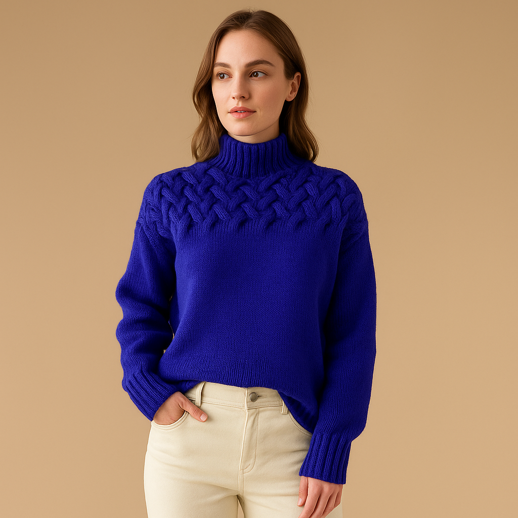 Women's long knitted turtleneck sweater with a soft, warm fit, ideal for casual wear or dressy winter outfits.