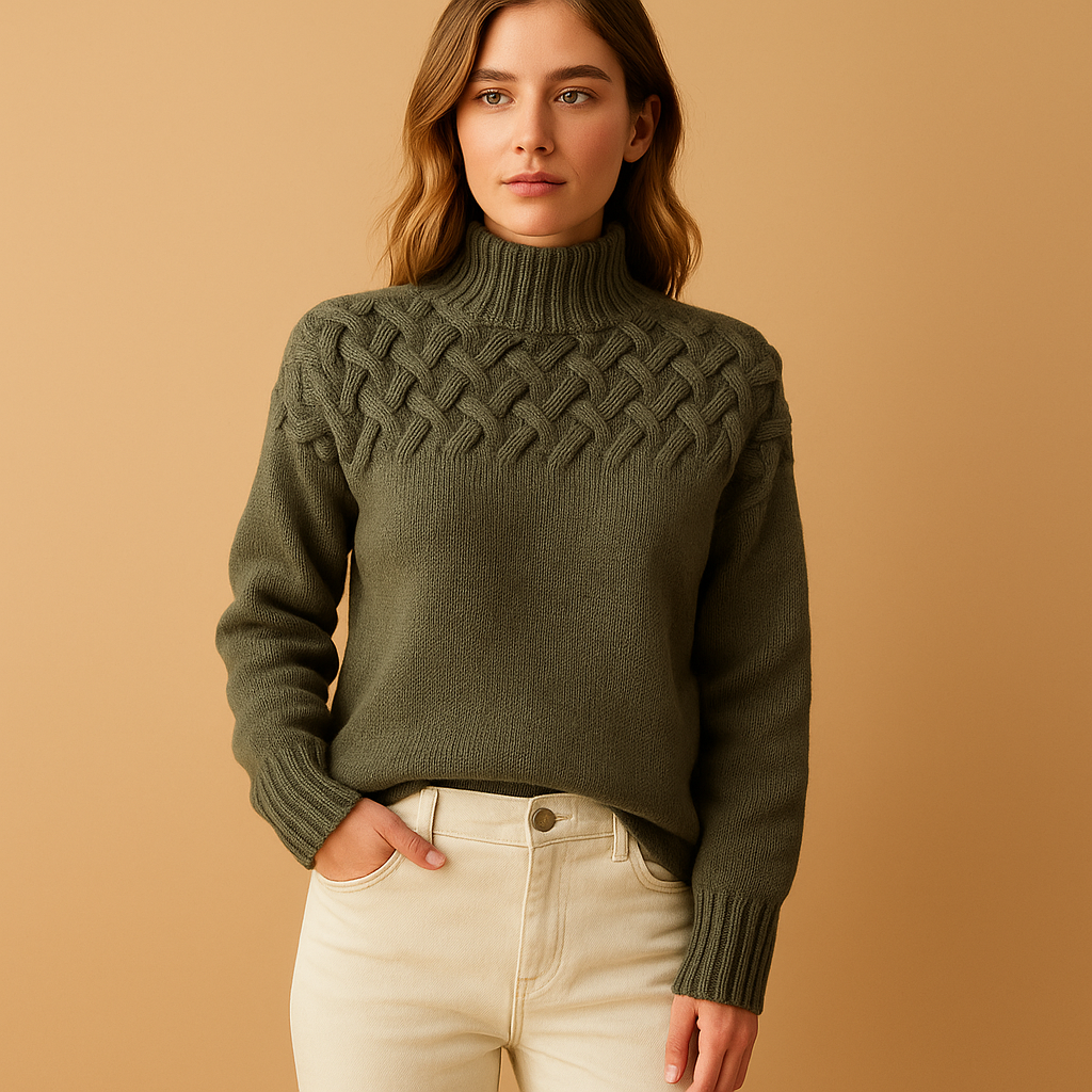 Women's long knitted turtleneck sweater with a soft, warm fit, ideal for casual wear or dressy winter outfits.