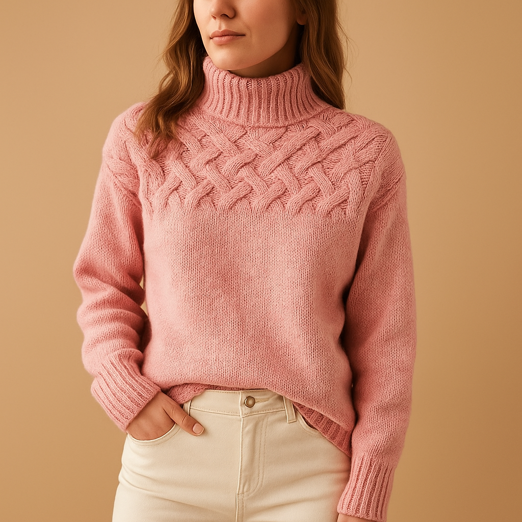 Women's long knitted turtleneck sweater with a soft, warm fit, ideal for casual wear or dressy winter outfits.