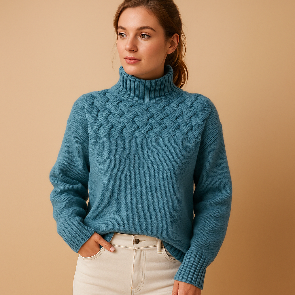 Women's long knitted turtleneck sweater with a soft, warm fit, ideal for casual wear or dressy winter outfits.