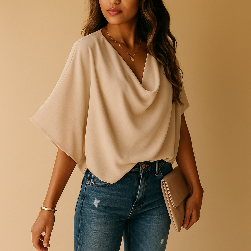 Women’s airy chiffon blouse with batwing sleeves and V-neck, ideal for everyday wear, office outfits, or elegant casual looks.