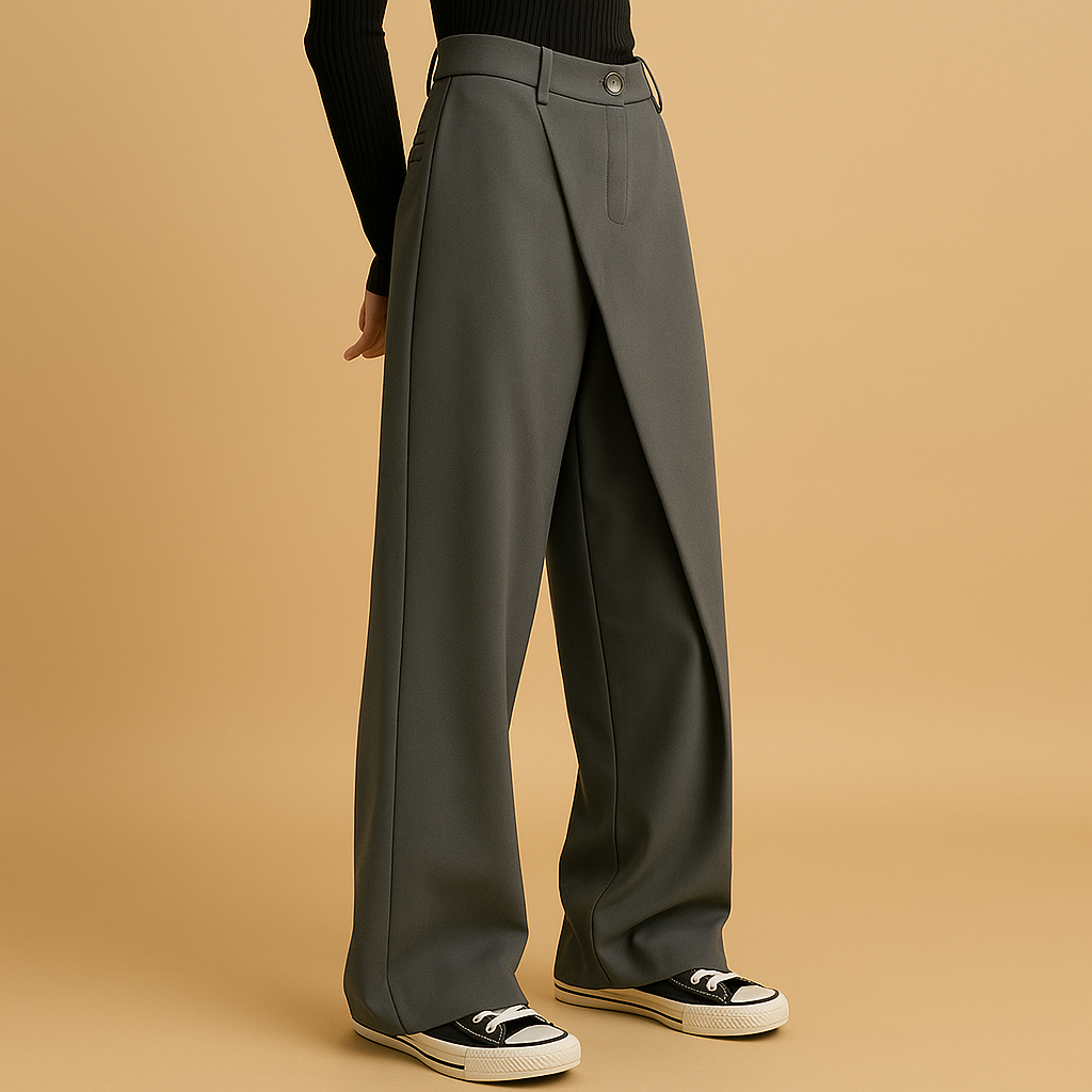 Women’s asymmetric baggy pants with a loose fit, double button closure, and modern cut, ideal for casual daytime or chic evening outfits.