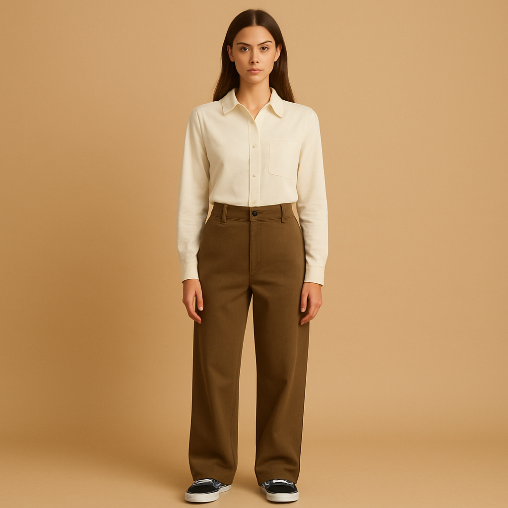 Women’s asymmetric baggy pants with a loose fit, double button closure, and modern cut, ideal for casual daytime or chic evening outfits.