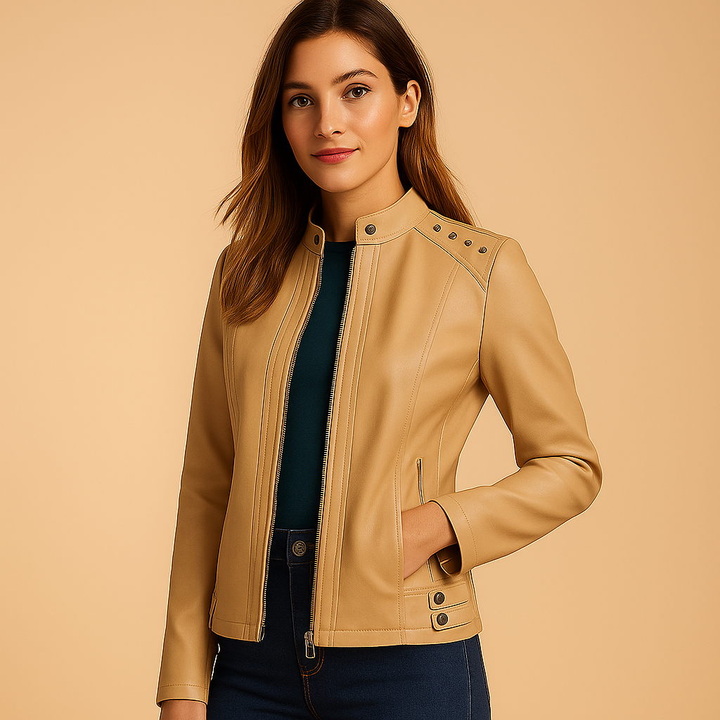 Women’s biker jacket with a structured silhouette, stand collar, metal details, and symmetrical zipper, suitable for everyday wear and stylish city outfits.