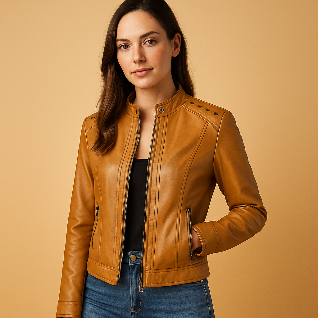 Women’s biker jacket with a structured silhouette, stand collar, metal details, and symmetrical zipper, suitable for everyday wear and stylish city outfits.