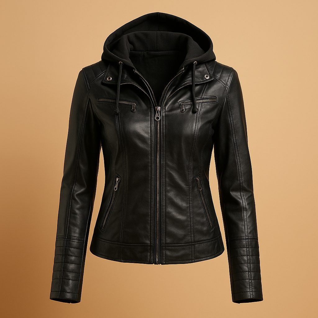 Women’s biker jacket with tailored fit, smooth finish, and practical pockets, ideal for casual and formal styling.