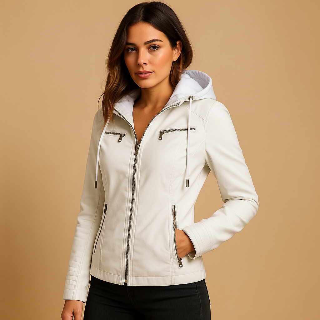 Women’s biker jacket with tailored fit, smooth finish, and practical pockets, ideal for casual and formal styling.