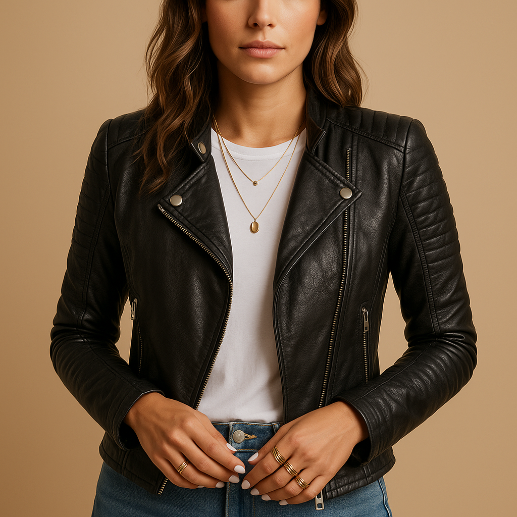 Women’s black fitted jacket with a classic collar and zipper closure, suitable for everyday wear and stylish seasonal outfits.