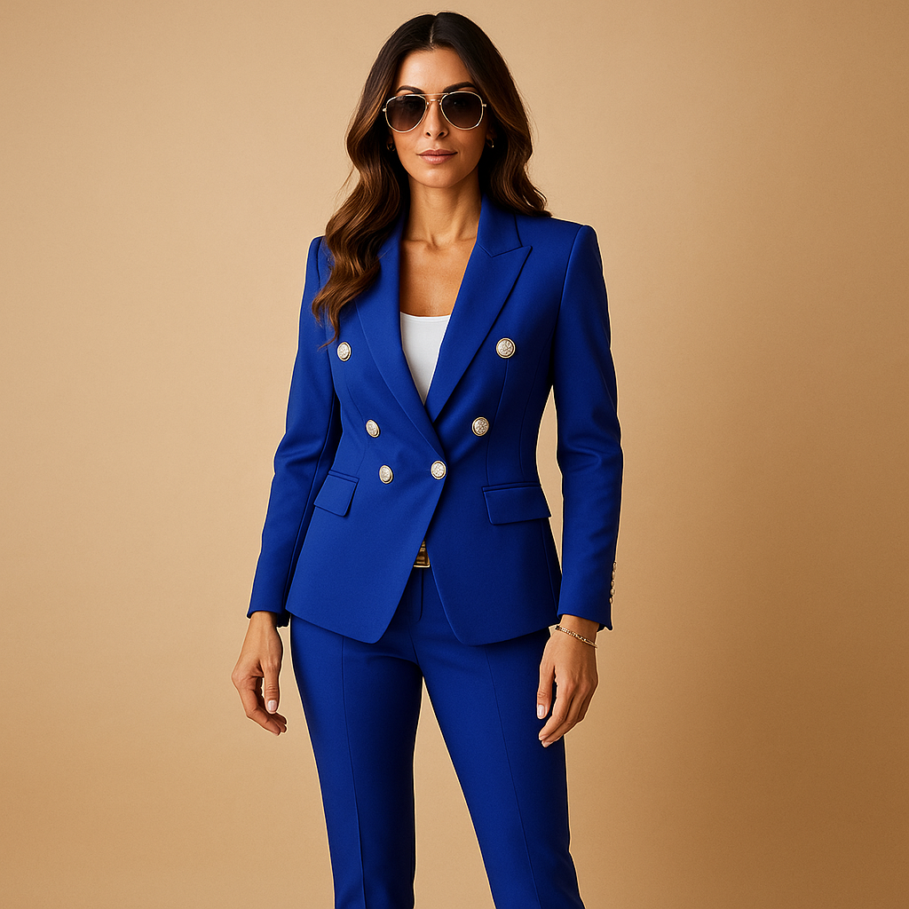 Elegant women’s blazer and pants suit with a flattering tailored fit, perfect for business meetings, office wear, or formal occasions.