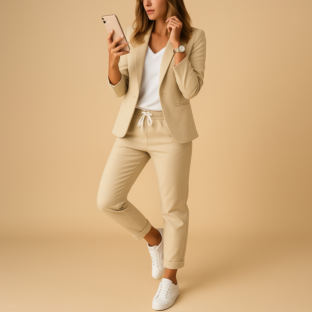 Women’s blazer and trousers set with a tailored fit, ideal for office wear, dinners, or formal occasions in elegant modern colors.