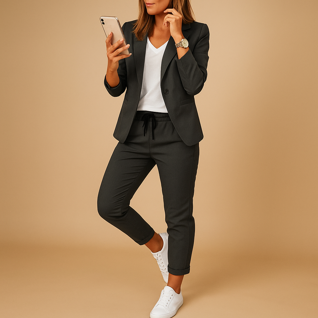 Women’s blazer and trousers set with a tailored fit, ideal for office wear, dinners, or formal occasions in elegant modern colors.