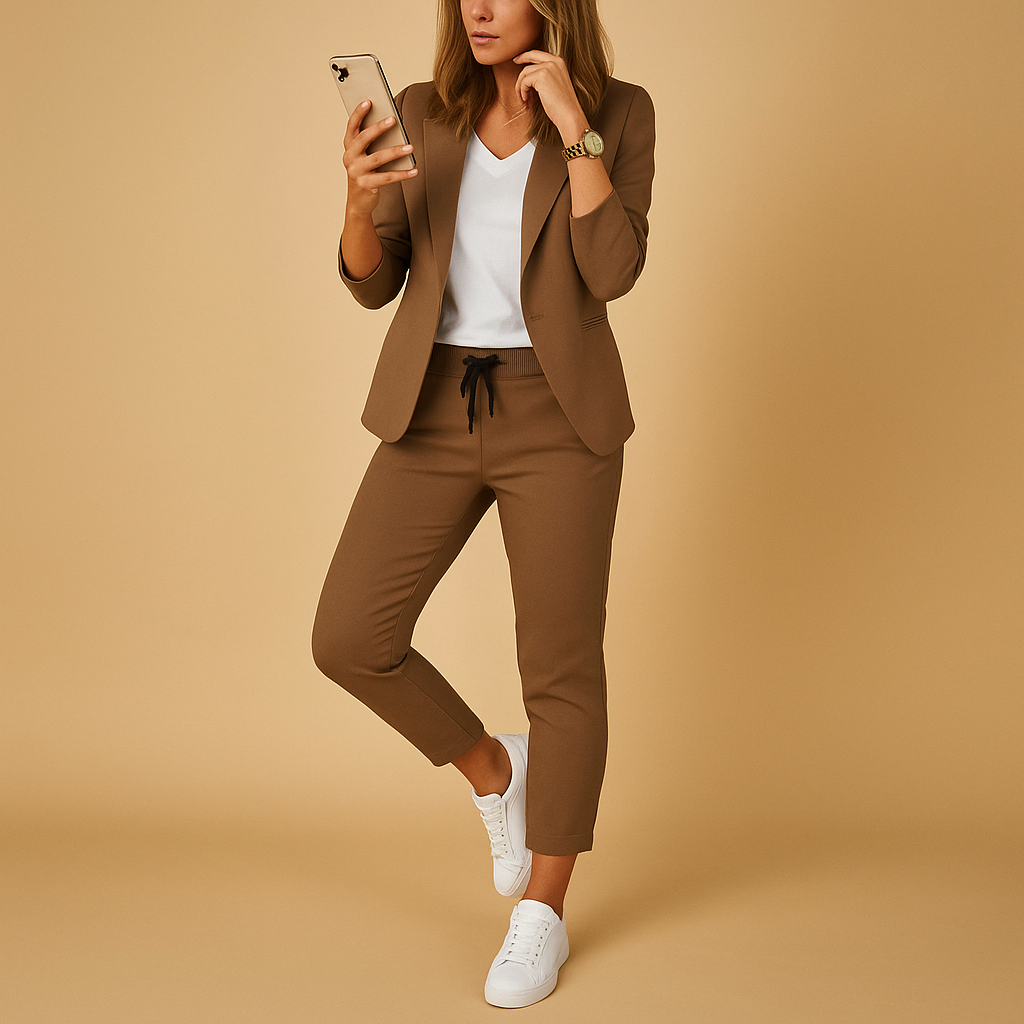 Women’s blazer and trousers set with a tailored fit, ideal for office wear, dinners, or formal occasions in elegant modern colors.