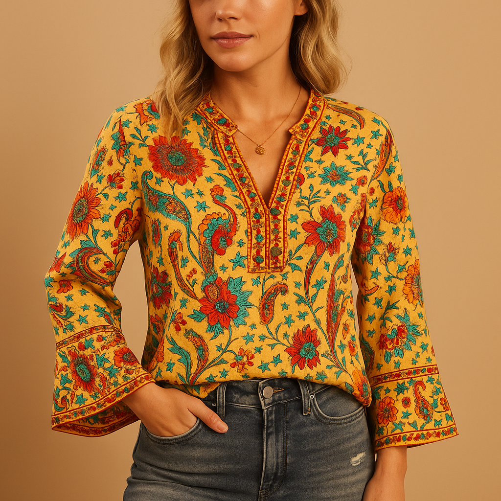 Women’s boho floral blouse with flared sleeves and a stand-up collar, suitable for casual wear and festive spring or summer outfits.
