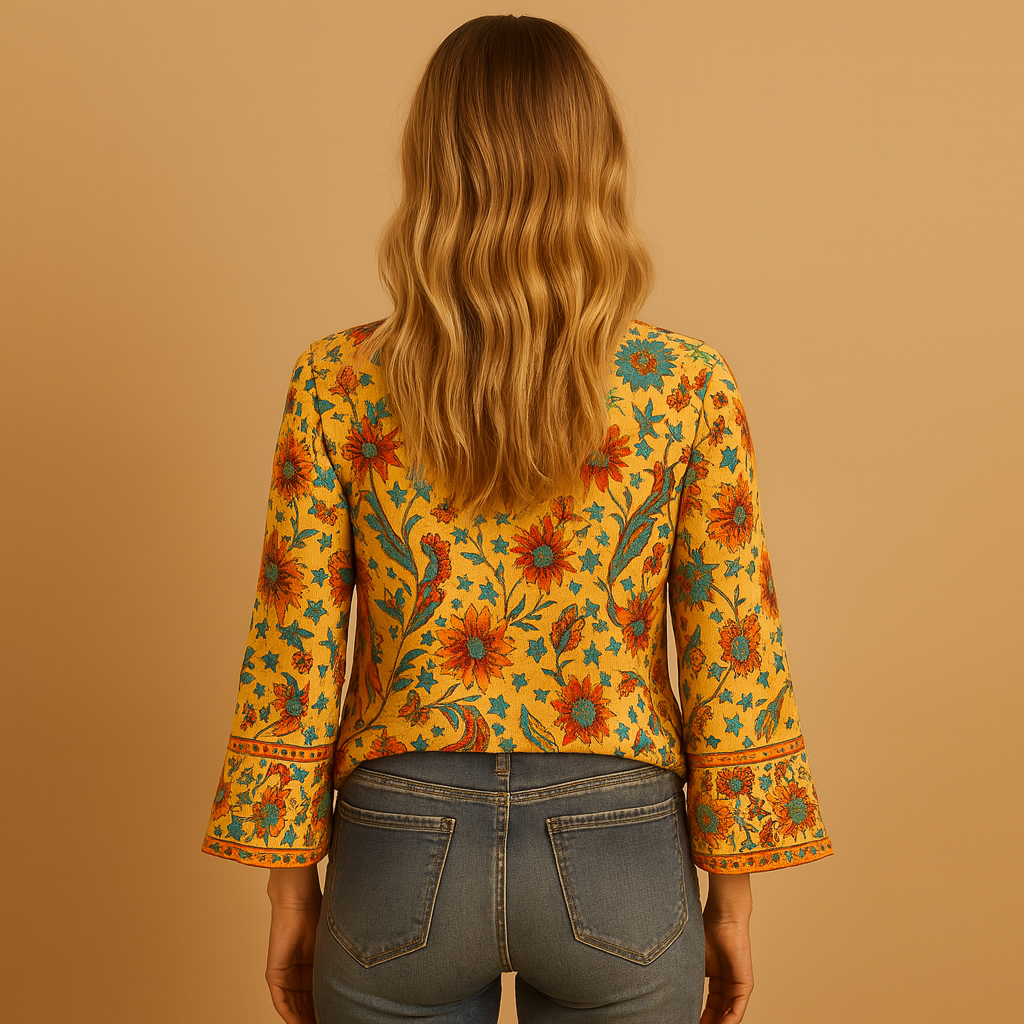 Women’s boho floral blouse with flared sleeves and a stand-up collar, suitable for casual wear and festive spring or summer outfits.