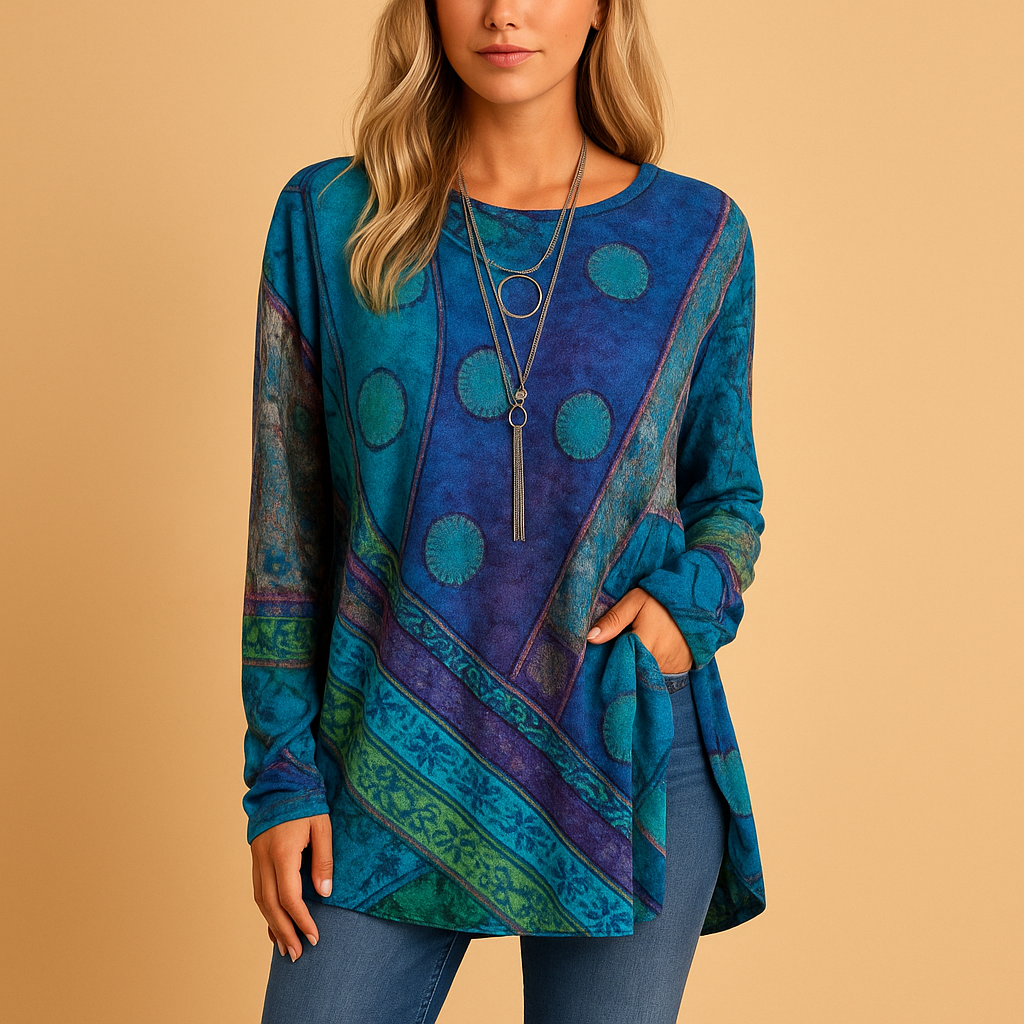 Women’s boho off shoulder top with ethnic print and long sleeves, ideal for festivals, sunny days, and casual outfits.