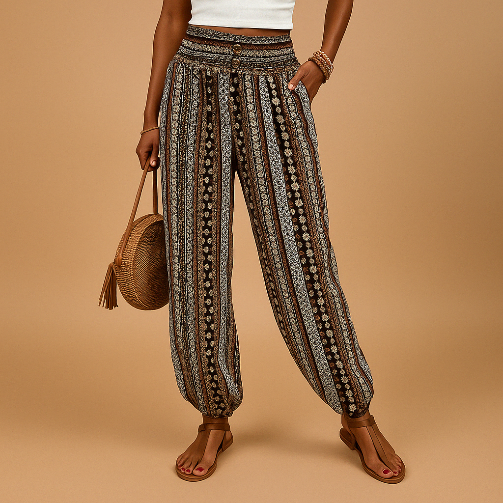 Women’s high waist boho pants Layla with flowy fit and flattering waistband, available in multiple colors. Perfect for summer and casual chic outfits.