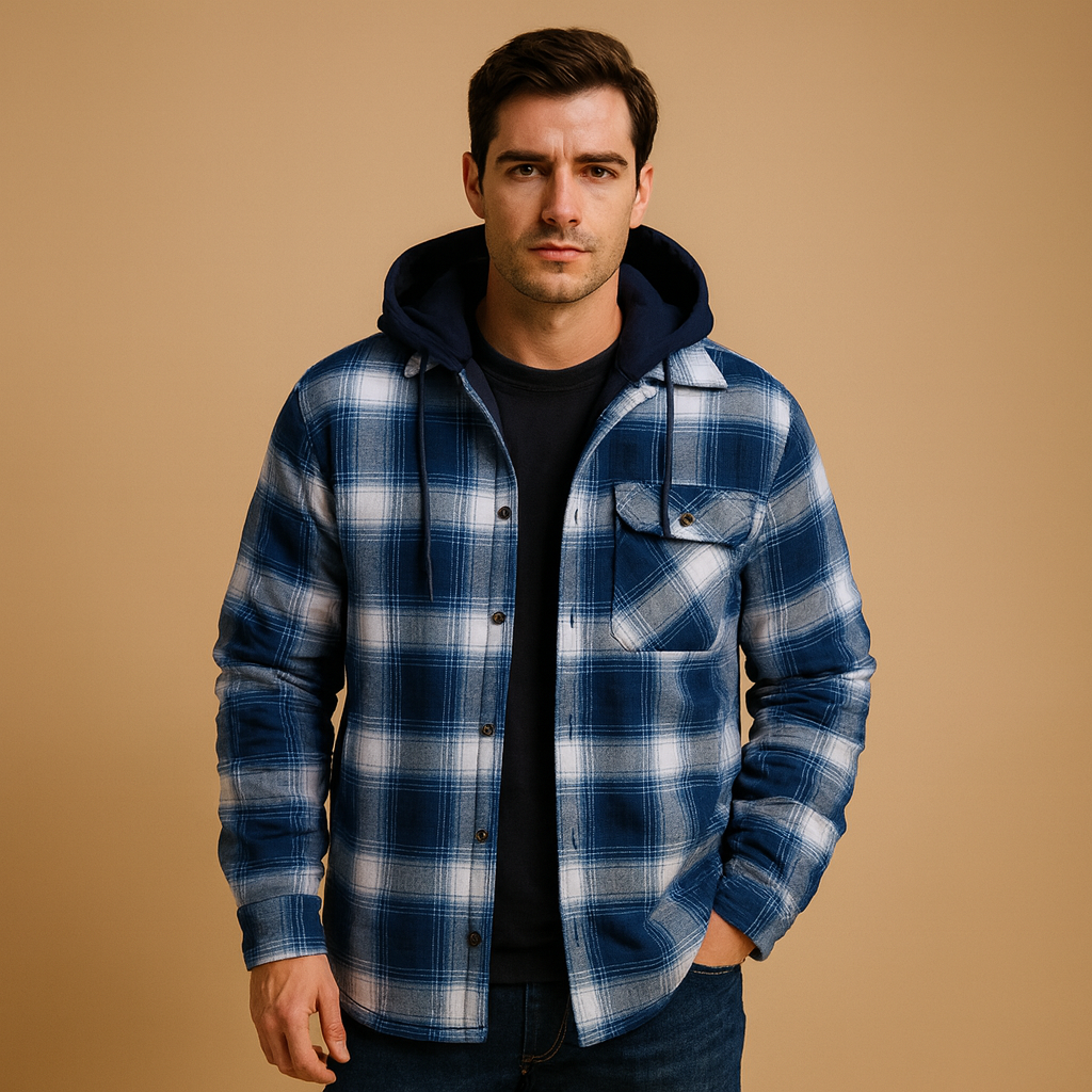 Men’s bomber jacket with hood featuring a warm lining and wind-resistant design, suitable for everyday wear and winter outings.