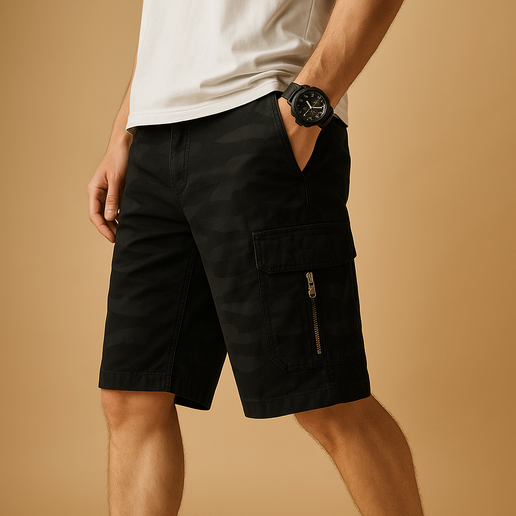 Menโs camouflage cargo shorts with multiple pockets and loose fit โ perfect for hiking, camping, and casual outdoor wear.