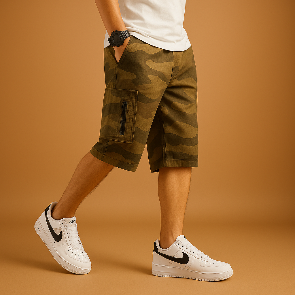 Menโs camouflage cargo shorts with multiple pockets and loose fit โ perfect for hiking, camping, and casual outdoor wear.