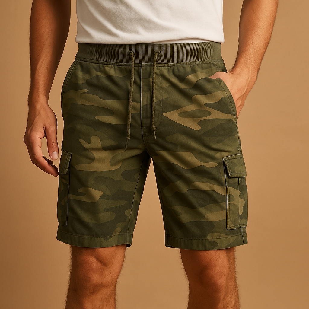 Men’s camouflage cotton shorts with lightweight breathable fabric and classic camo pattern, perfect for outdoor adventures and casual wear.