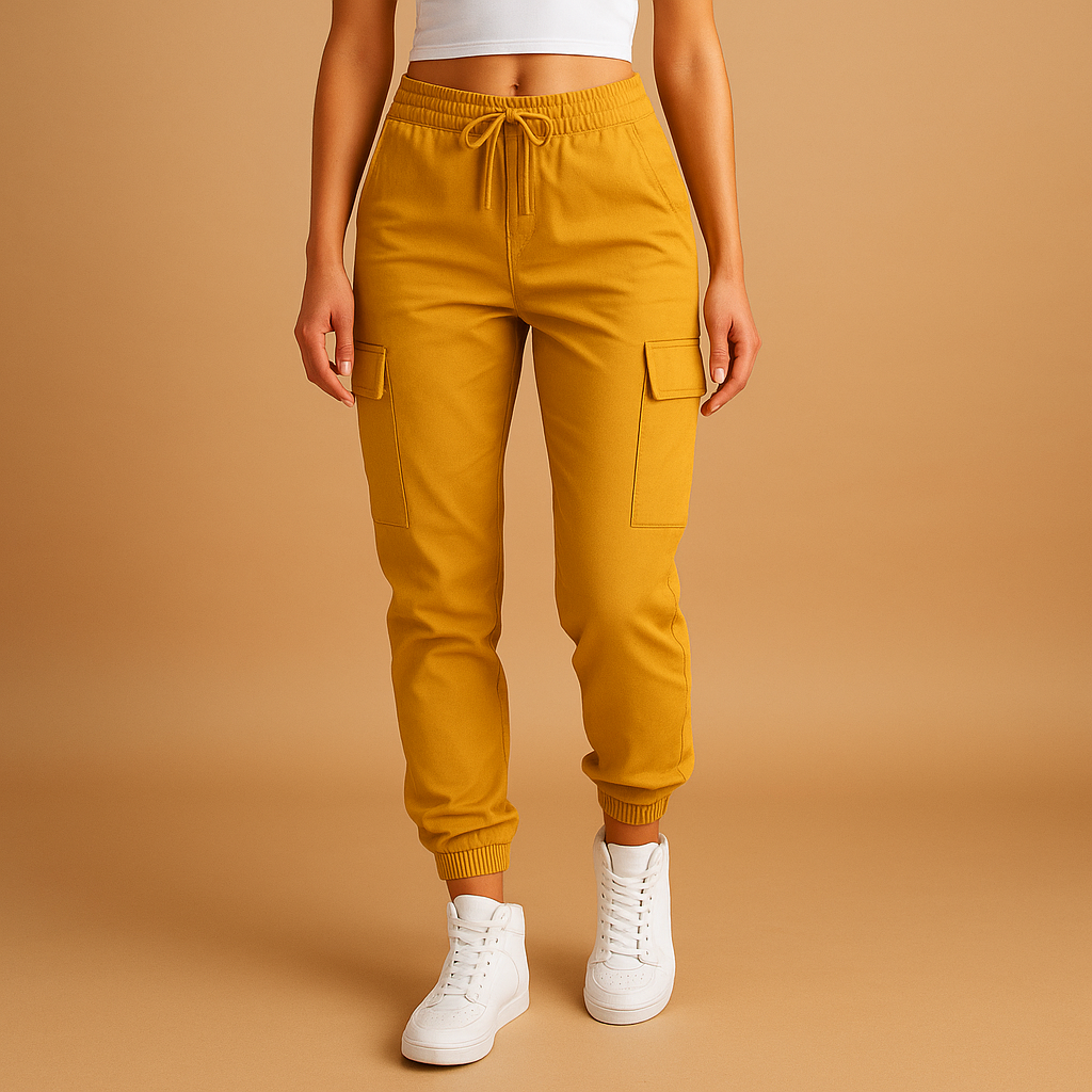 Women’s high waist cargo trousers with slim fit and durable stretch fabric, featuring functional cargo pockets for casual or semi-formal outfits.