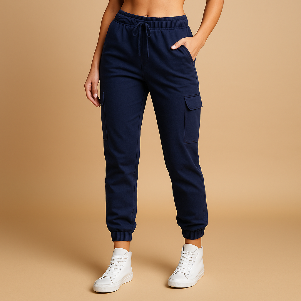 Women’s high waist cargo trousers with slim fit and durable stretch fabric, featuring functional cargo pockets for casual or semi-formal outfits.