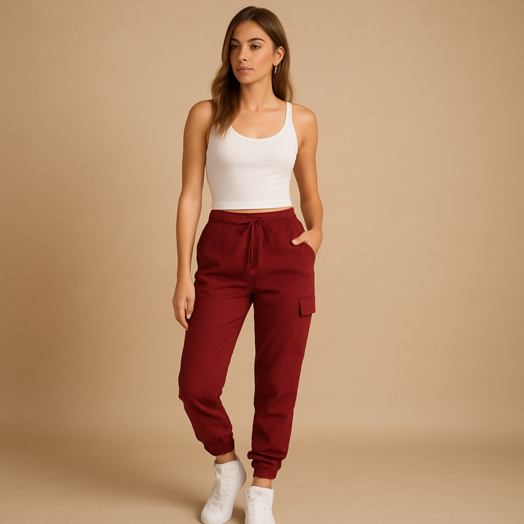 Women’s high waist cargo trousers with slim fit and durable stretch fabric, featuring functional cargo pockets for casual or semi-formal outfits.