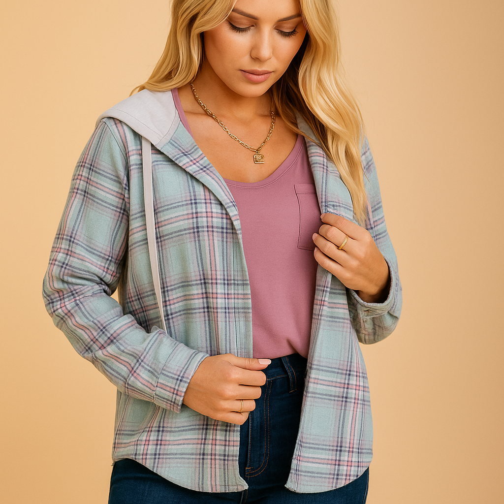 Women’s casual button-up jacket with a relaxed fit, chest pocket, and cuff button closure, suitable for everyday wear and casual streetwear.