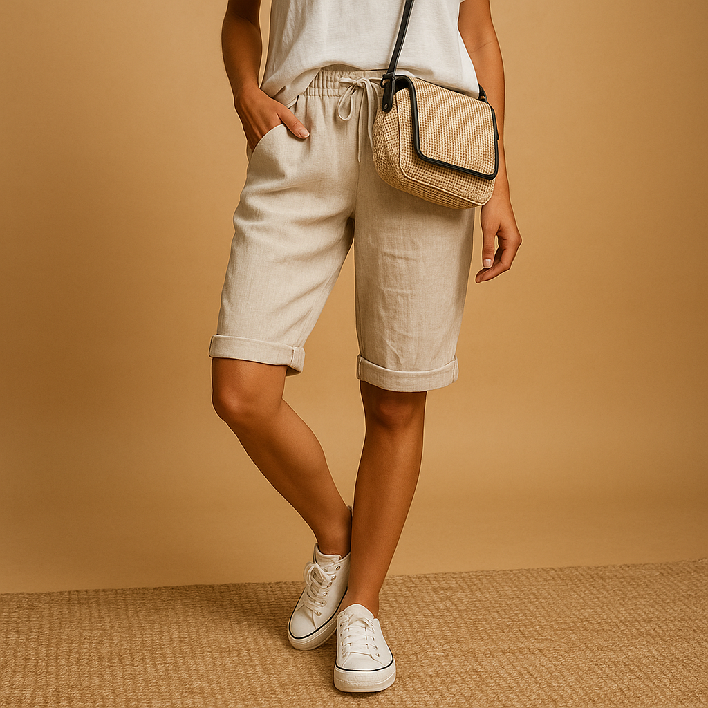 Women’s casual capri pants with elastic waistband, drawstring, and rolled hem design, perfect for spring and summer wear.