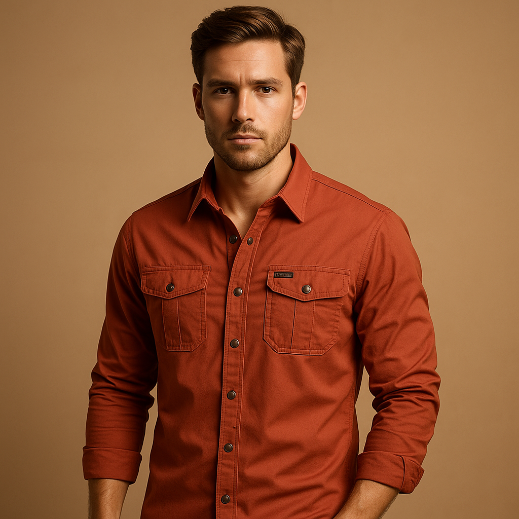 Men’s casual cargo shirt with breathable cotton fabric and front pockets, ideal for outdoor and casual outfits.