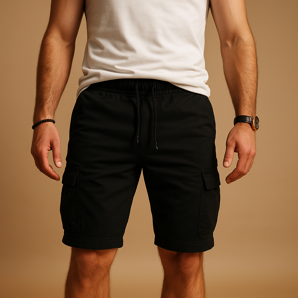 Men’s casual cargo shorts with elastic waistband and multiple pockets, ideal for outdoor activities and relaxed summer wear.