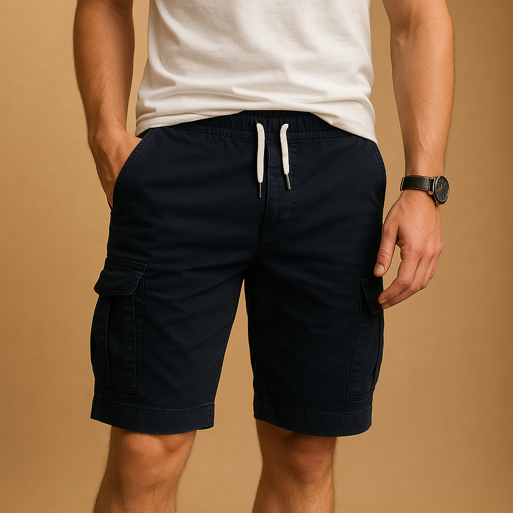 Men’s casual cargo shorts with elastic waistband and multiple pockets, ideal for outdoor activities and relaxed summer wear.