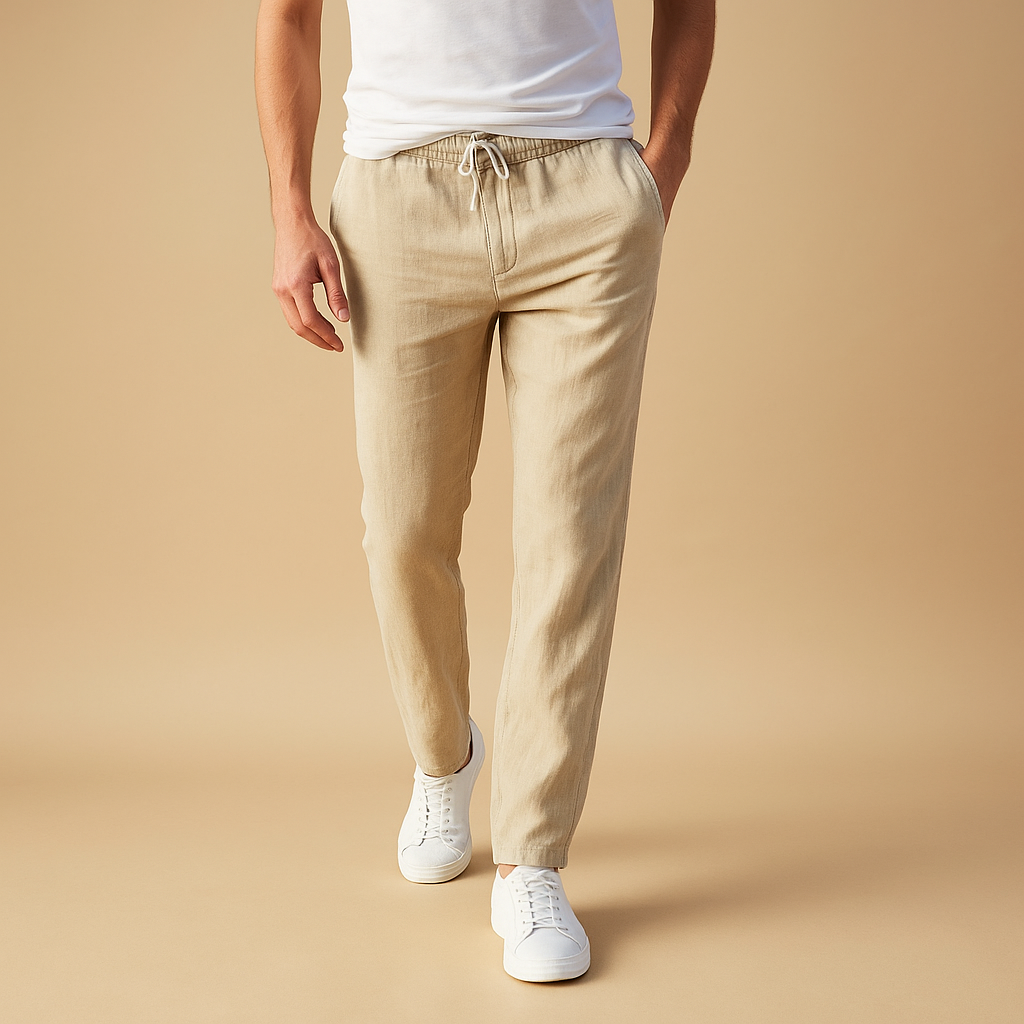 Men’s casual cotton pants with elastic waistband, made from soft breathable fabric, ideal for home, travel, or casual daily wear.