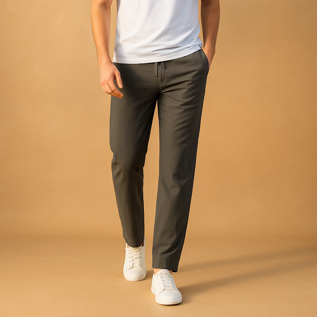 Men’s casual cotton pants with elastic waistband, made from soft breathable fabric, ideal for home, travel, or casual daily wear.