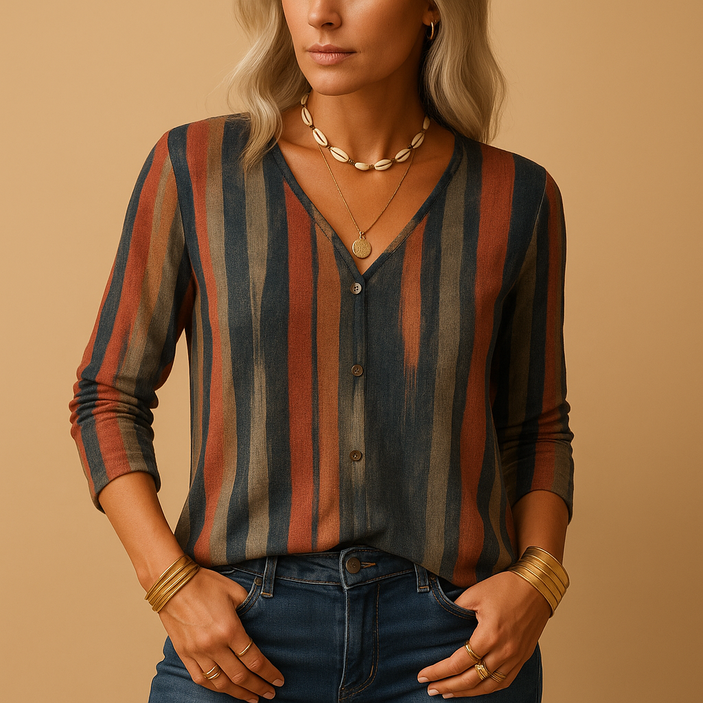 Women’s casual long sleeve top with mixed prints, suitable for everyday outfits, office looks, and trendy weekend wear.