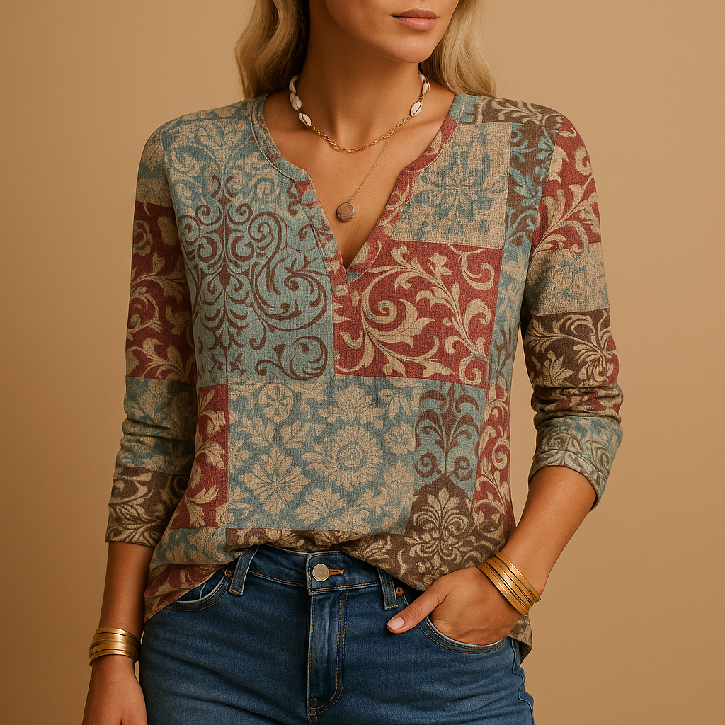 Women’s casual long sleeve top with mixed prints, suitable for everyday outfits, office looks, and trendy weekend wear.