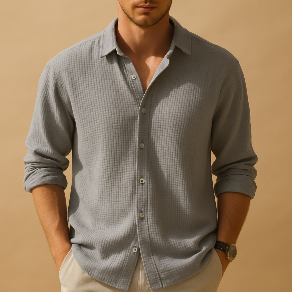 Men’s casual long sleeve shirt with stand collar and solid color design, perfect for daily wear and semi-formal looks.