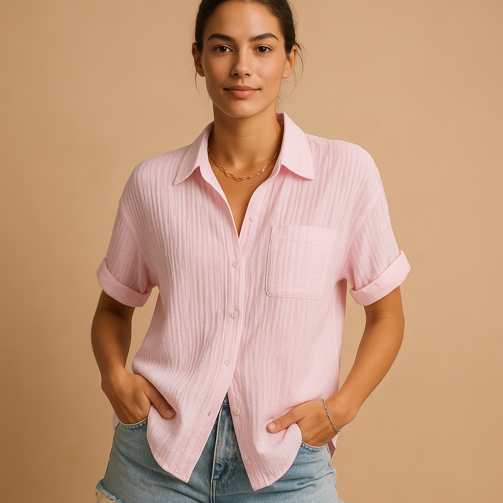 Casual short sleeve polo shirt for women with a chest pocket, suitable for everyday wear, summer outings, and relaxed occasions.
