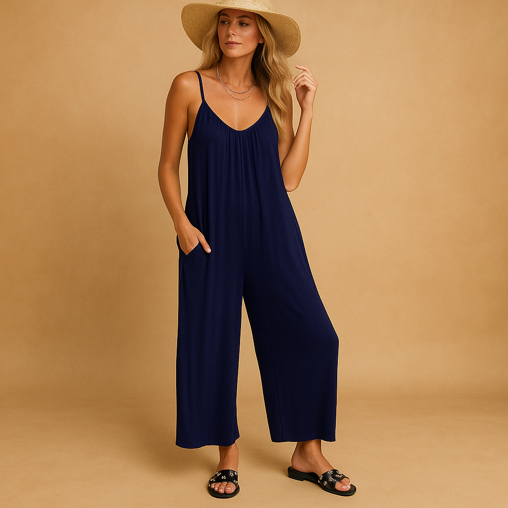 Women’s casual summer jumpsuit with adjustable straps and elastic waistband, ideal for holidays, parties, and relaxed summer days.