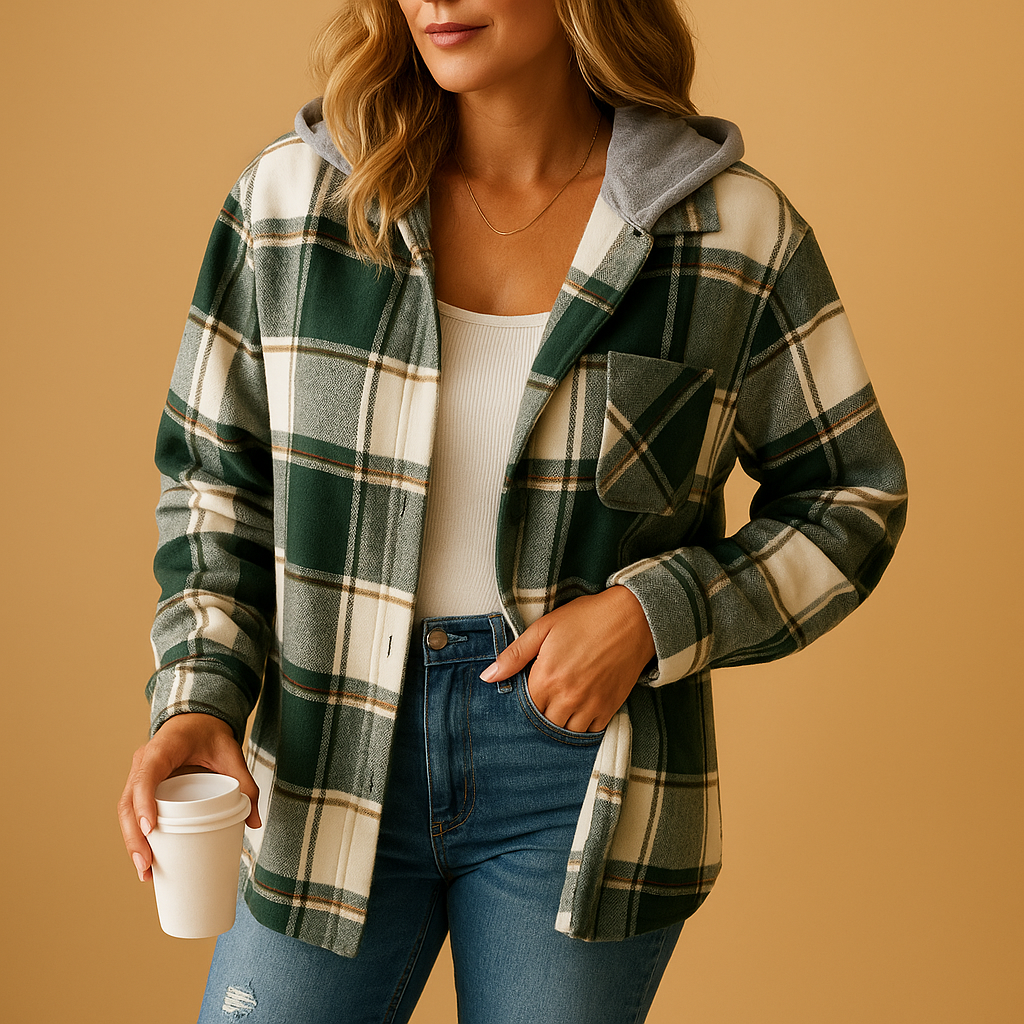 Women’s checked coat with a hood and comfortable fit, suitable for autumn days, winter walks, and everyday wear.