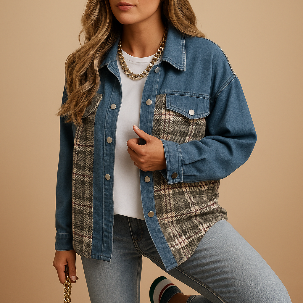 Women’s checked denim-look jacket with a relaxed fit and long sleeves, ideal for casual layering and semi-formal outfits.